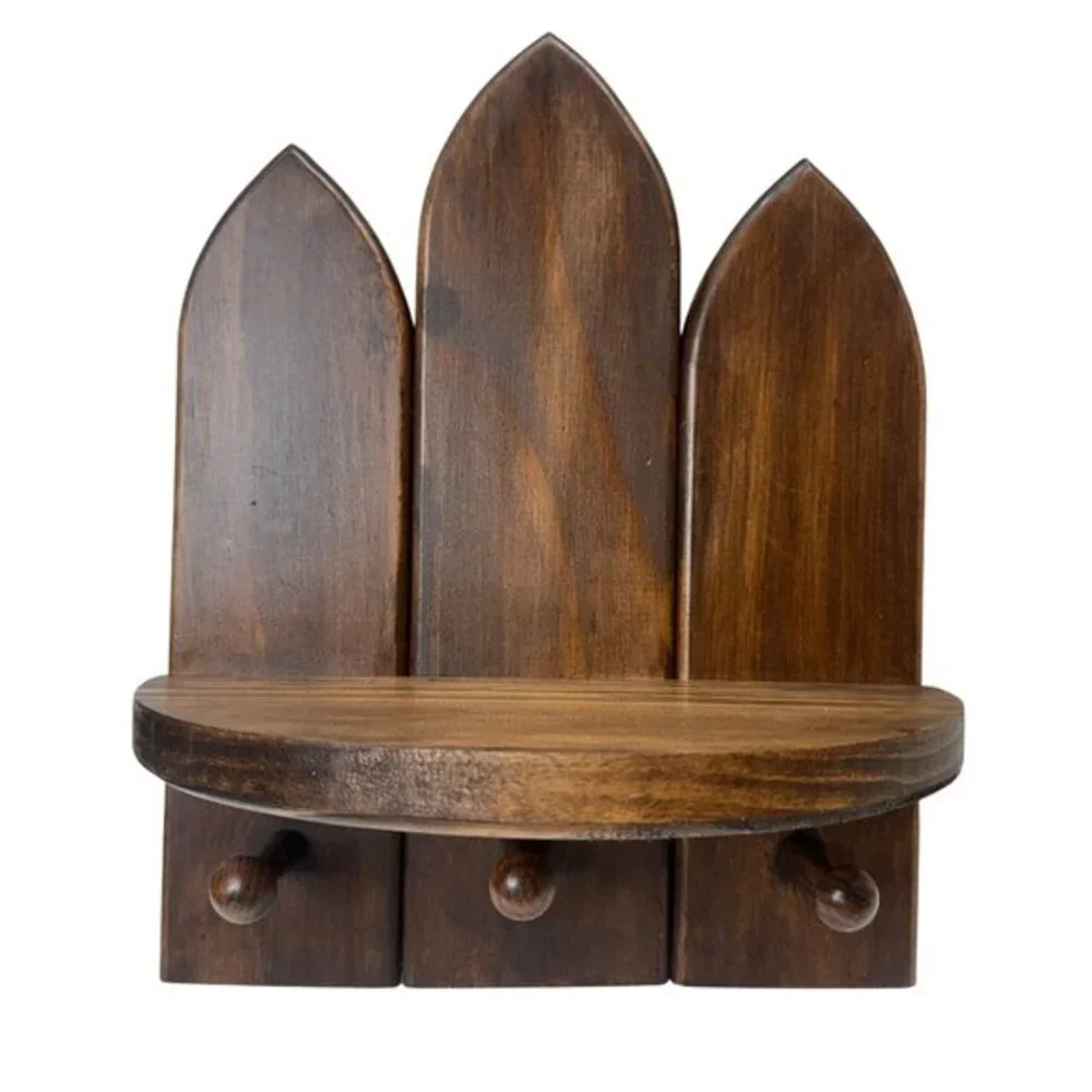 Handmade Gothic Cathedral Arch Wood Wall Shelf 3 Hooks Dark Walnut Witchy Altar